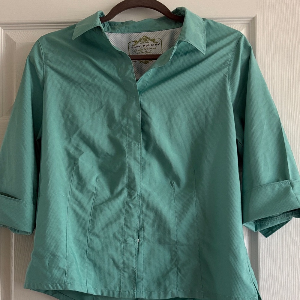 Royal Robbins  Teal Womens Collared Short-Sleeve Stretch Top SZ M